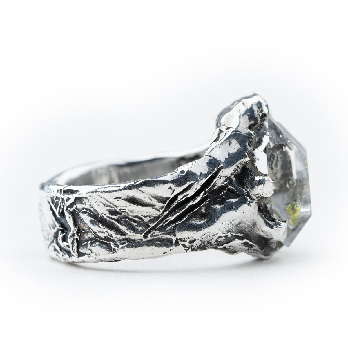 Herkimer diamond ring with inclusions
