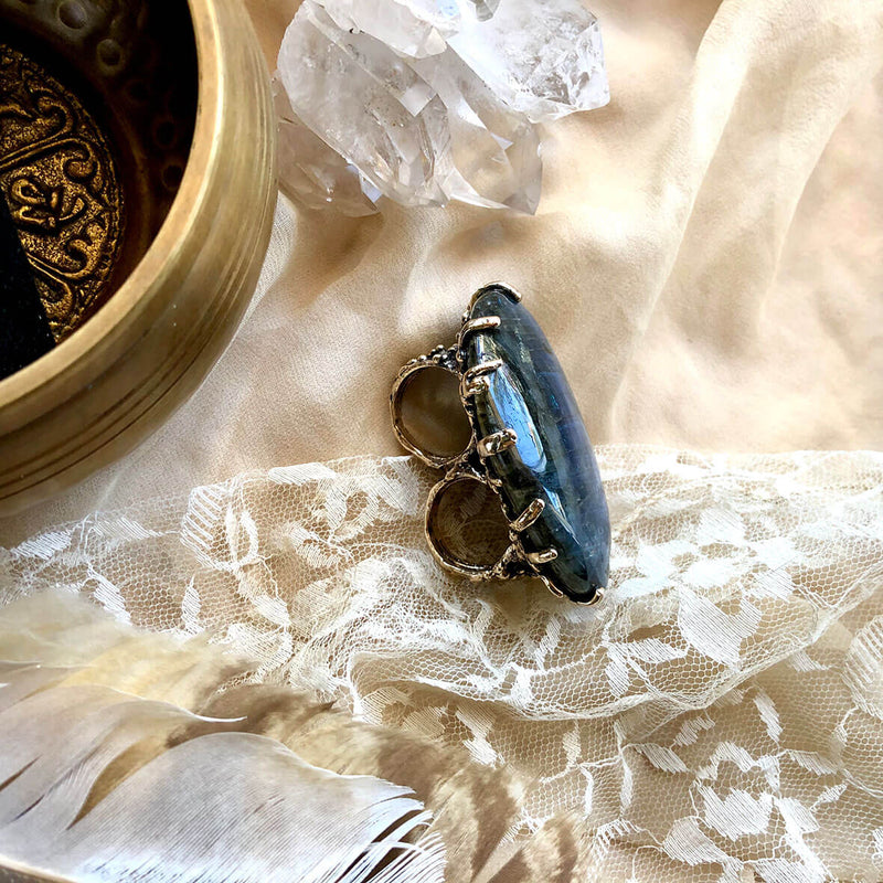 Giant Labradorite Ring - Double finger Unique Piece Statement